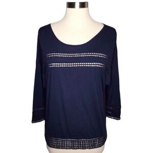 Nordstrom Caslon Navy Blue T-Shirt Crochet Accent Top Sz XS Career Casual Blouse